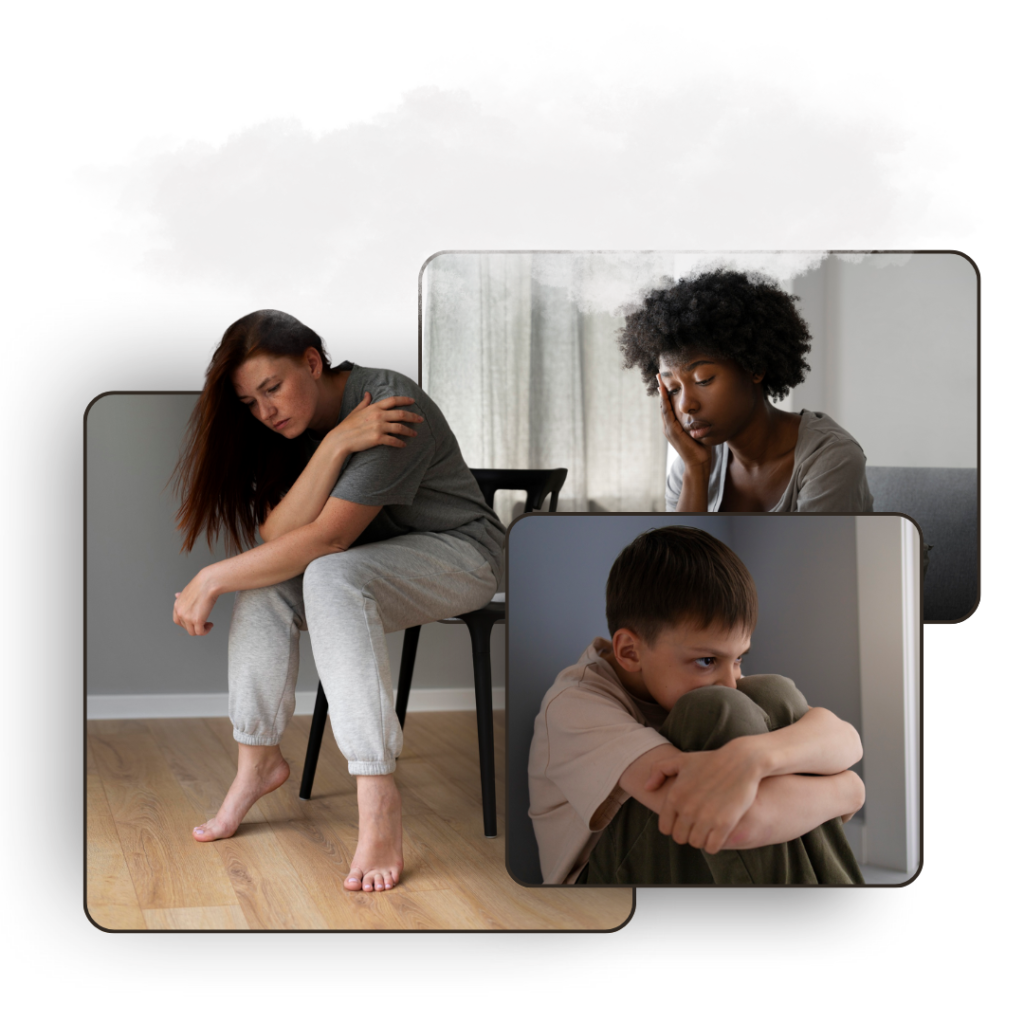 Foto de adulto e criança com retratação a sintoma de depressão.